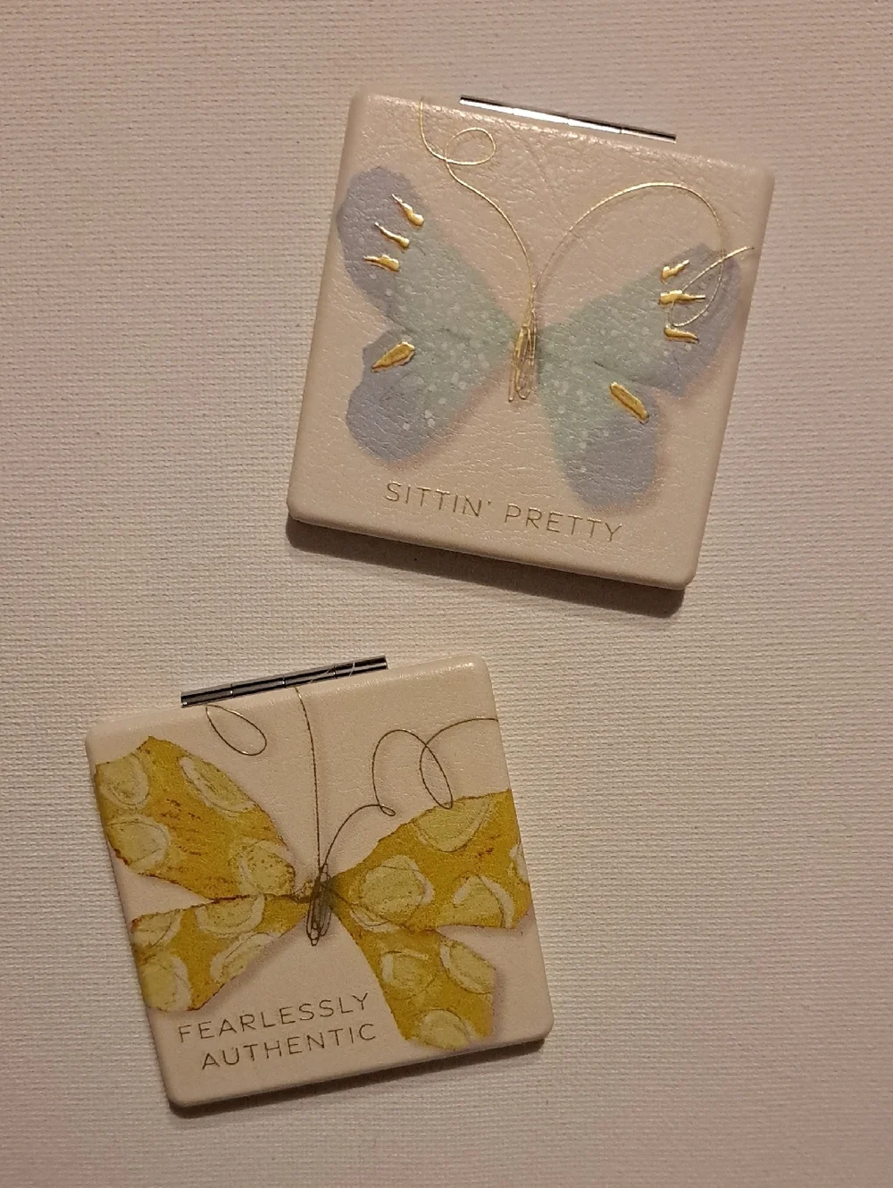 Bundle of 2 Butterfly Compact Mirrors - Yellow & Mint with Gold Detailing
